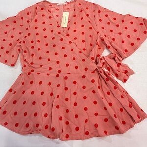 Francesca's Collections Coral Polka Dot Wrap Blouse